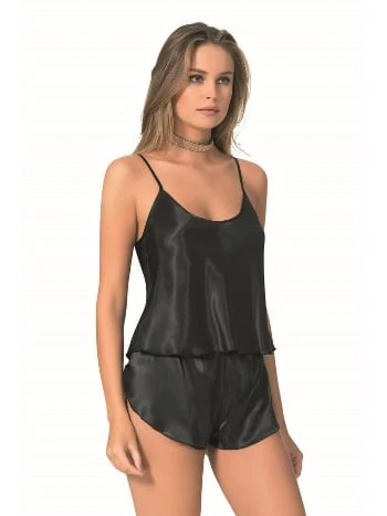 Saten Kumaş Siyah Babydoll Şort Takımı Ahu 9089
