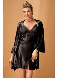 Siyah Saten Kimono Takım Polyester NBB 5325