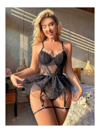 Dantel Detaylı Siyah Gecelik Takım Ruselin 2032