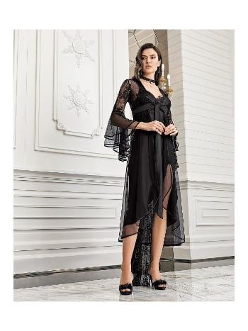 Sırt Dekolteli Yırtmaçlı Saten Gecelik Set İmaj 4202