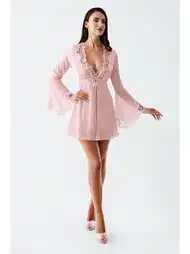 Transparan Dantel Detaylı Mini Saten Gecelik Takım İmaj 4210