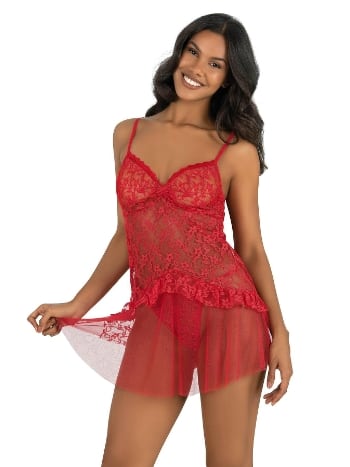 Transparan Kırmızı Tül Kısa Gecelik Ahu 4212