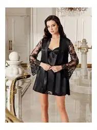 Saten Mini Gecelik Takımı Transparan Kollu İmaj 4215