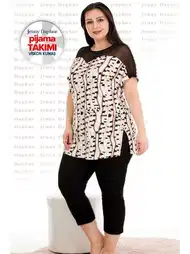 Transparan Omuzlu Büyük Beden Desenli Kapri Pijama Takımı Lady 10675