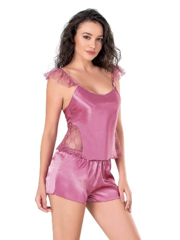 Tül Askı Detaylı Gül Kurusu Saten Babydoll Şort Takımı Ahu 9107 - 2