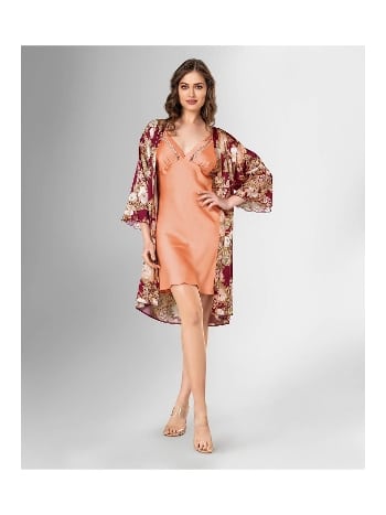 Turuncu Çiçekli İnci Sabahlık Gecelik Takımı Ahu 1849