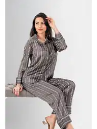 Uzun Kollu Düğmeli Çizgili Kadın Pijama Takımı Ahu 1947