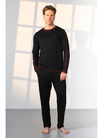 Uzun Kollu Siyah Kırmızı Erkek Pijama Takımı Viskon Elastan Doreanse 25K4540