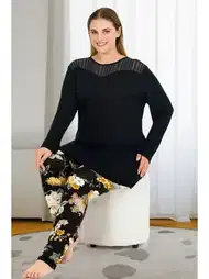 Uzun Kollu Tüllü Çiçekli Büyük Beden Pijama Takımı Lady 11391