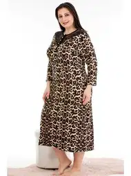 Viskon Leopar Desenli Düğmeli Yaka Büyük Beden Gecelik Elbise Lady 7244