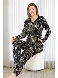 Viskon Yaprak Desenli Uzun Kollu Pijama Takımı Lady 11653