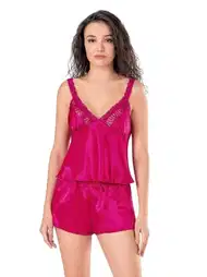 Vişne Renk Saten Babydoll Şort Takımı Ahu 9130