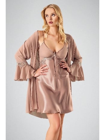 Polyester Vizon Renk 2li Sabahlık Gecelik Takım Ahu 7711