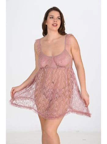 Vizon Tül Dantel Transparan Büyük Beden Gecelik Ahu 3044