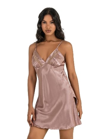 Yandan Yırtmaçlı Vizon Kısa Saten Gecelik Ahu 8211