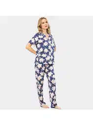 Lacivert Yaprak Desenli Kısa Kollu Kadın Pijama Takımı Türen 3355