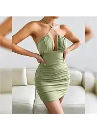 Yeşil Boyun Askılı Dar Mini Elbise Poliamid Elastan Pink Night 2230
