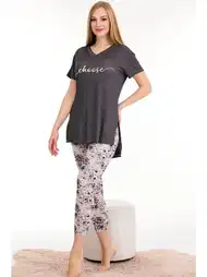 Desenli Viskon Kısa Kollu Kapri Pijama Takımı Lady 12062
