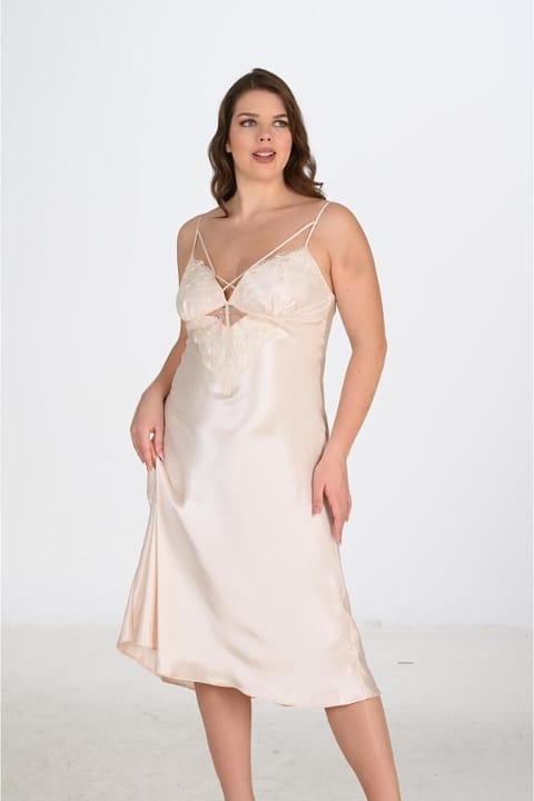 Büyük Beden Fildişi Gecelik Sabahlık Takımı Ahu 6222 - Bej