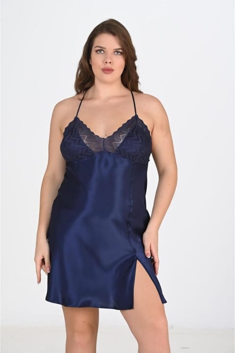 Büyük Beden Ekru Lacivert Sabahlık Takımı Ahu 6215 - Lacivert