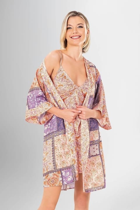 Etnik Desenli Kısa Sabahlık Gecelik Takımı Ahu 1948