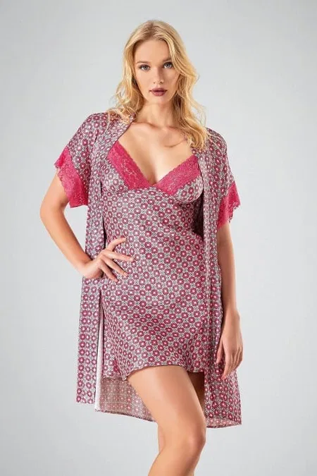 Leopar Desenli Polyester Kadın Gecelik Takım Ahu 7712 - Pembe