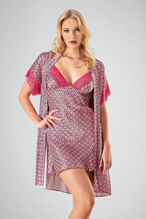 Leopar Desenli Polyester Kadın Gecelik Takım Ahu 7712