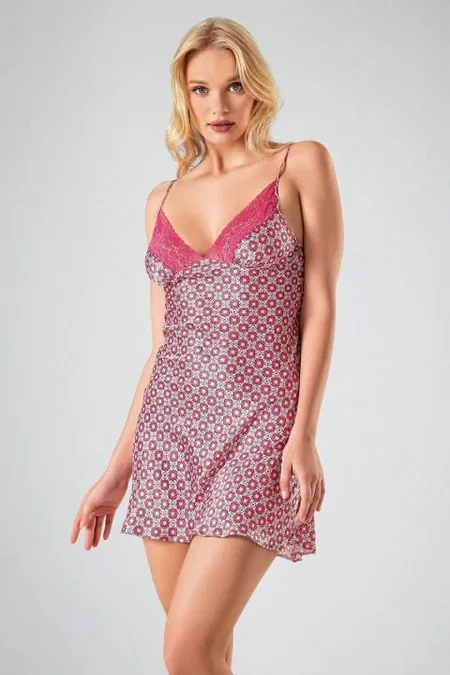 Leopar Desenli Polyester Kadın Gecelik Takım Ahu 7712 - Pembe