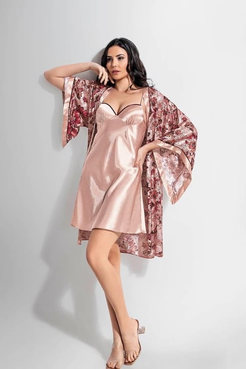 Desenli Kısa Sabahlık Gecelik Takımı Gri Ahu 1906 - Vizon