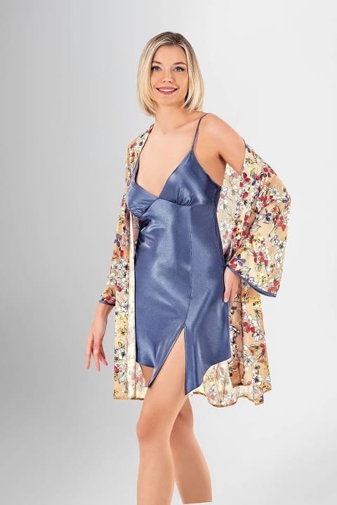 Desenli Saten Kısa Sabahlık Gecelik Takımı Ahu 1904