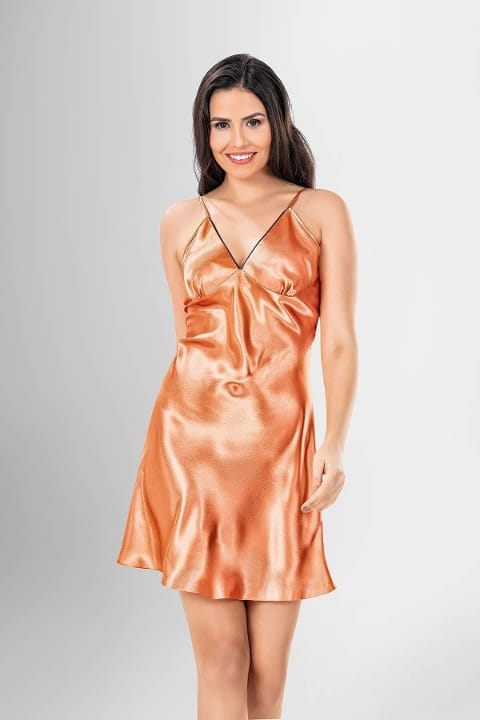 Saten Doku ve İnci Renkli Kadın Gecelik Takımı Ahu 1932 - Turuncu