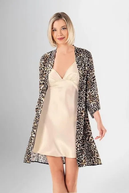 Ahu Lingerie Leopar Desen Kısa Sabahlık Gecelik Takımı Ahu 1959