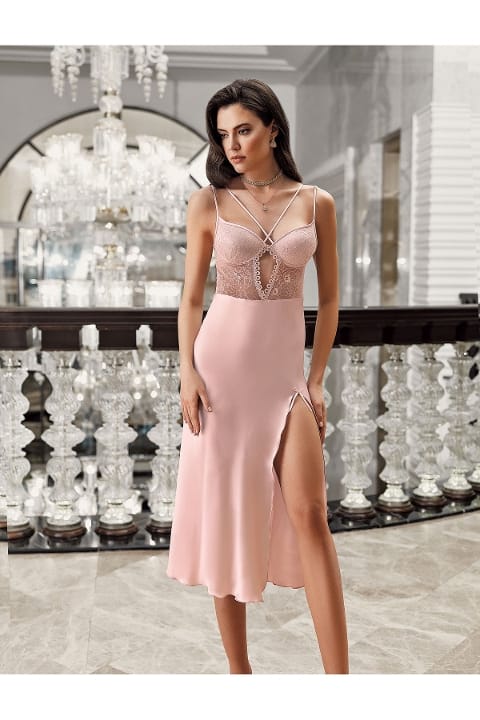 Pudra Saten Transparan Dantel Detaylı Gecelik Takımı İmaj 3202