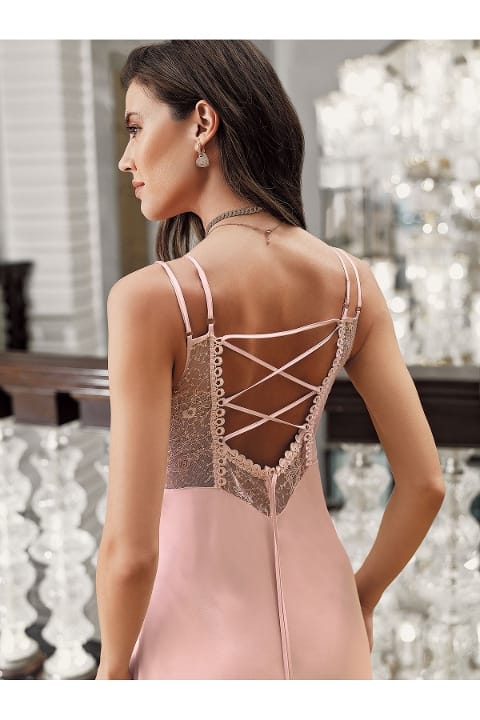 Pudra Saten Transparan Dantel Detaylı Gecelik Takımı İmaj 3202 - 2