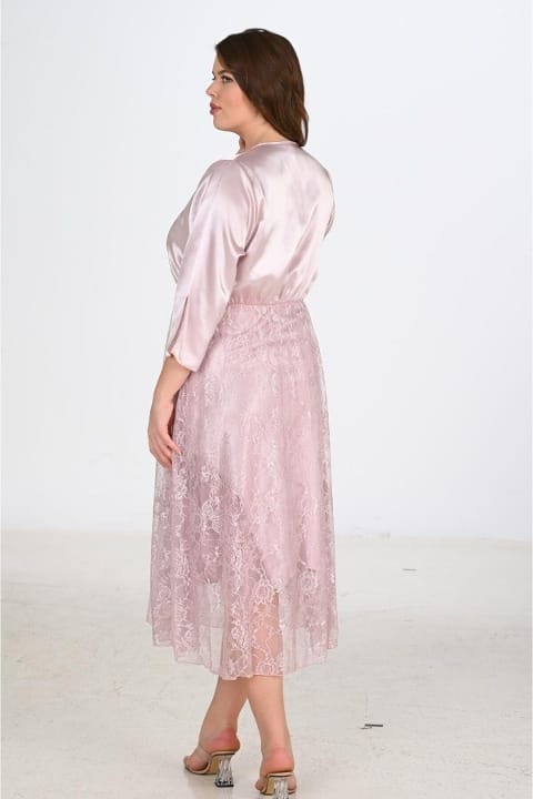 Uzun Gecelik Sabahlık Takımı Büyük Beden Ahu 6220 - Pudra