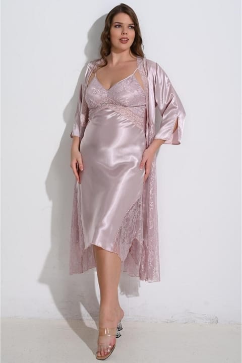 Uzun Gecelik Sabahlık Takımı Büyük Beden Ahu 6220 - Pudra