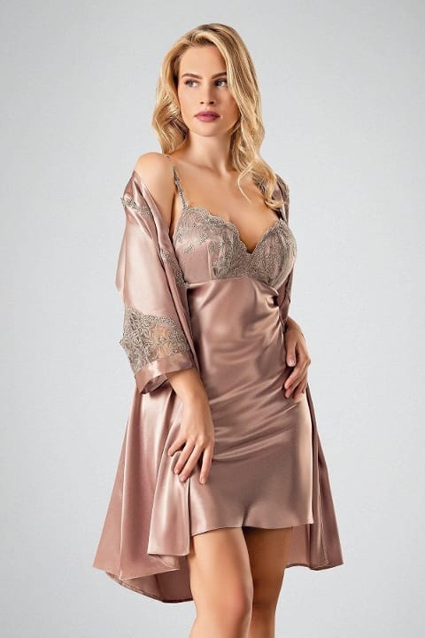 Dantelli Saten Gecelik Takım Vizon Ahu 7708