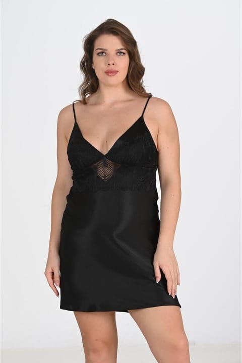 Siyah Dantel Detaylı Gecelik Sabahlık Takımı Ahu 6213 - Siyah