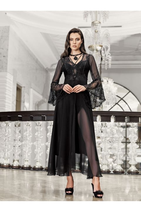 Siyah Saten Transparan Dantel Detaylı Gecelik Takımı İmaj 3202 - Siyah