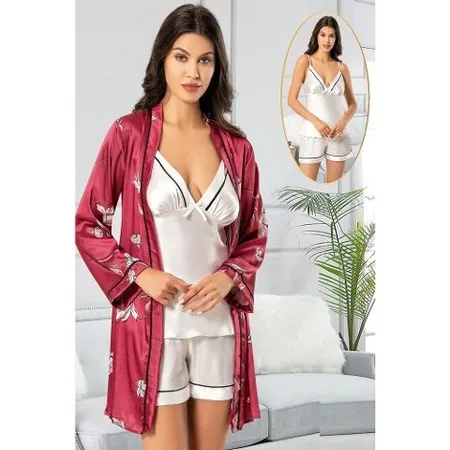 Bordo Saten 3'lü Sabahlık Pijama Seti XSES 2156 - Bordo