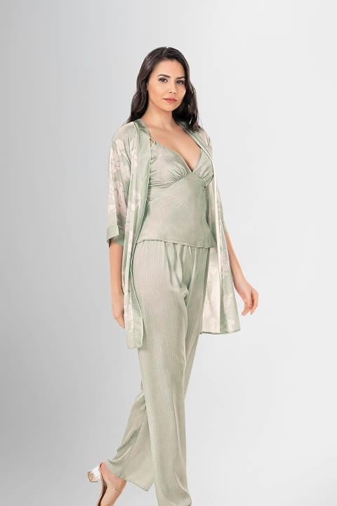 Çiçek Desenli 3'lü Sabahlık Pijama Takımı Ahu 1953 - Yeşil