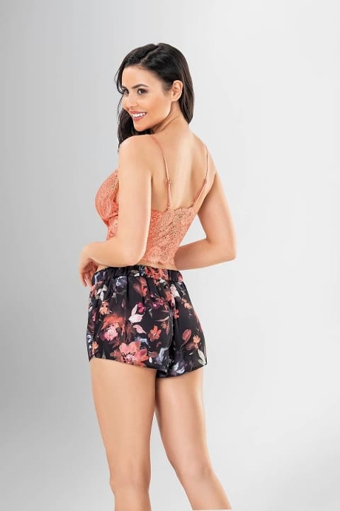 Çiçekli Bordo Şort Bralet Sabahlık Gecelik Takımı Ahu 1901 - 2