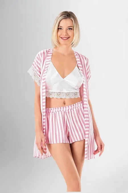 Çizgili Pamuklu 3'lü Pijama Takımı Ahu 1964 - Pembe