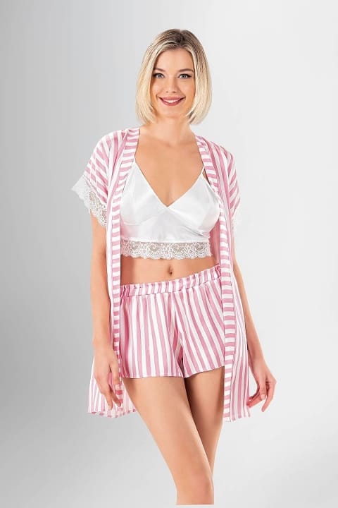 Çizgili Pamuklu 3'lü Pijama Takımı Ahu 1964 - Pembe