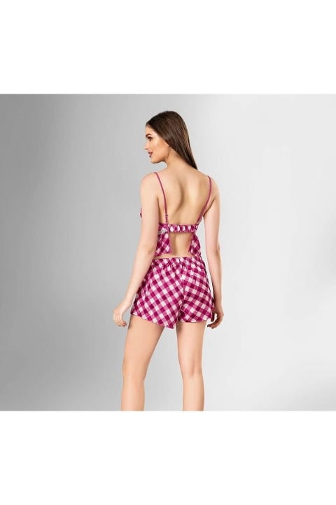 Ekose Desenli Kısa Kollu Şort Pijama Takımı Ahu 1835 - Fuşya
