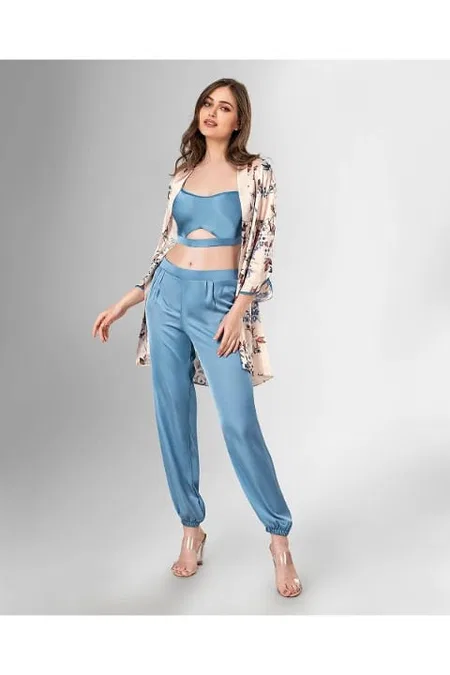 3'lü Mavi Büstiyerli Sabahlıklı Pijama Takımı Ahu 1825 - Mavi