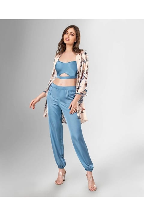 3'lü Mavi Büstiyerli Sabahlıklı Pijama Takımı Ahu 1825