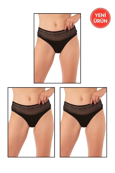 Pamuklu Modal Likralı Yüksek Bel Dantel Detaylı Külot Özkan 26964 - Siyah
