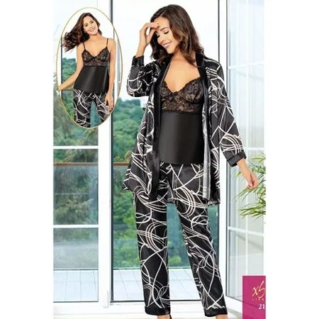 Dijital Desenli Dantelli Saten Sabahlık Pijama Çeyiz Seti XSES 2151 - Siyah
