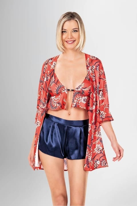 Desenli Şort Büstiyer Sabahlık Takımı Ahu 1917